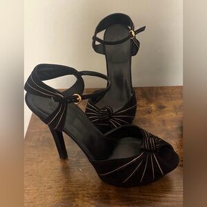 Gucci Elegant Black with Gold Accent  
Women's High Open Toe Heels Size 9